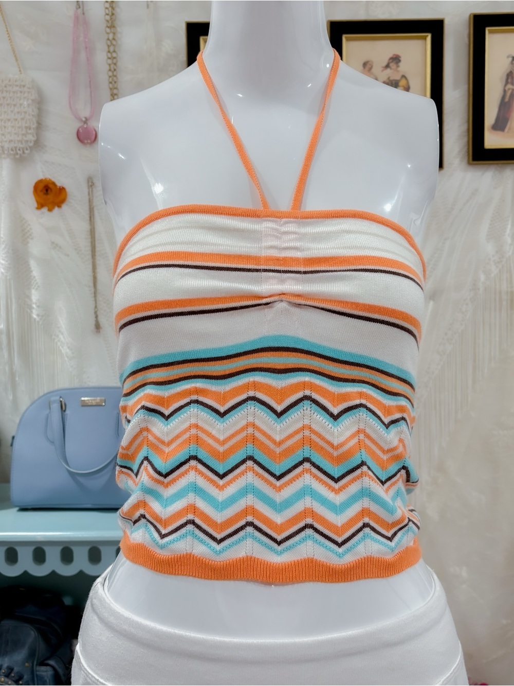 Bohemian coastal girly chevron multicolor halter crop top